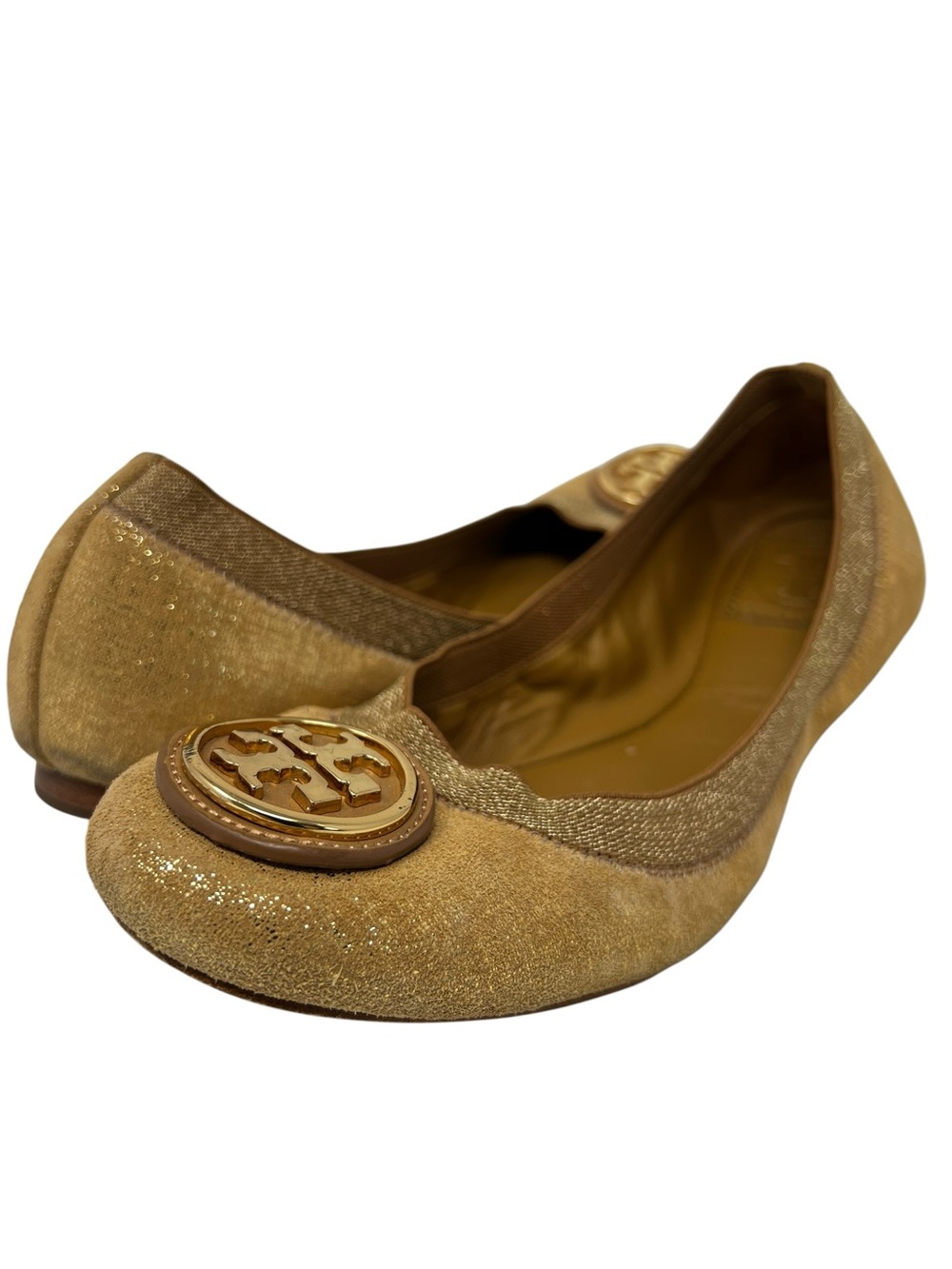 Tory Burch Shimmery Gold Logo Ballet Flats